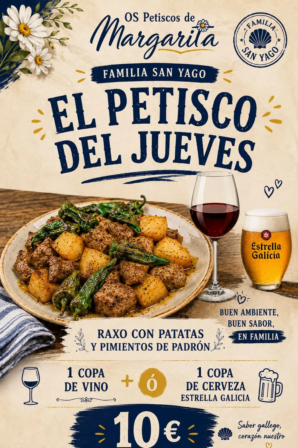 El petisco del jueves — raxo con patatas y pimientos de Padrón, con copa de vino o cerveza, 10€